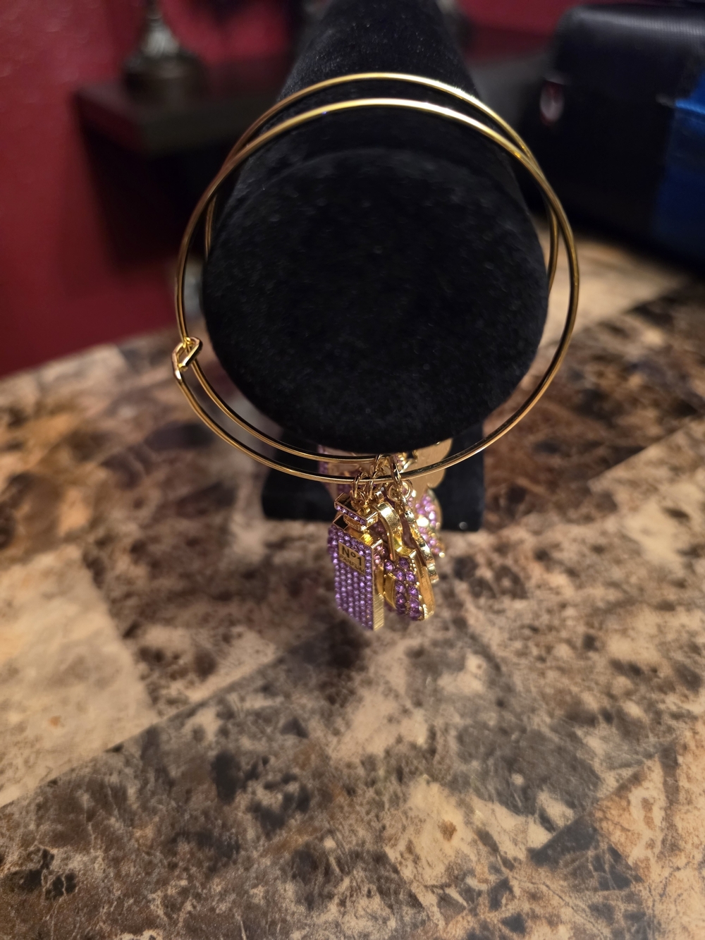 Handmade Gold Bangle Bracelet with Purple Crystal Charms